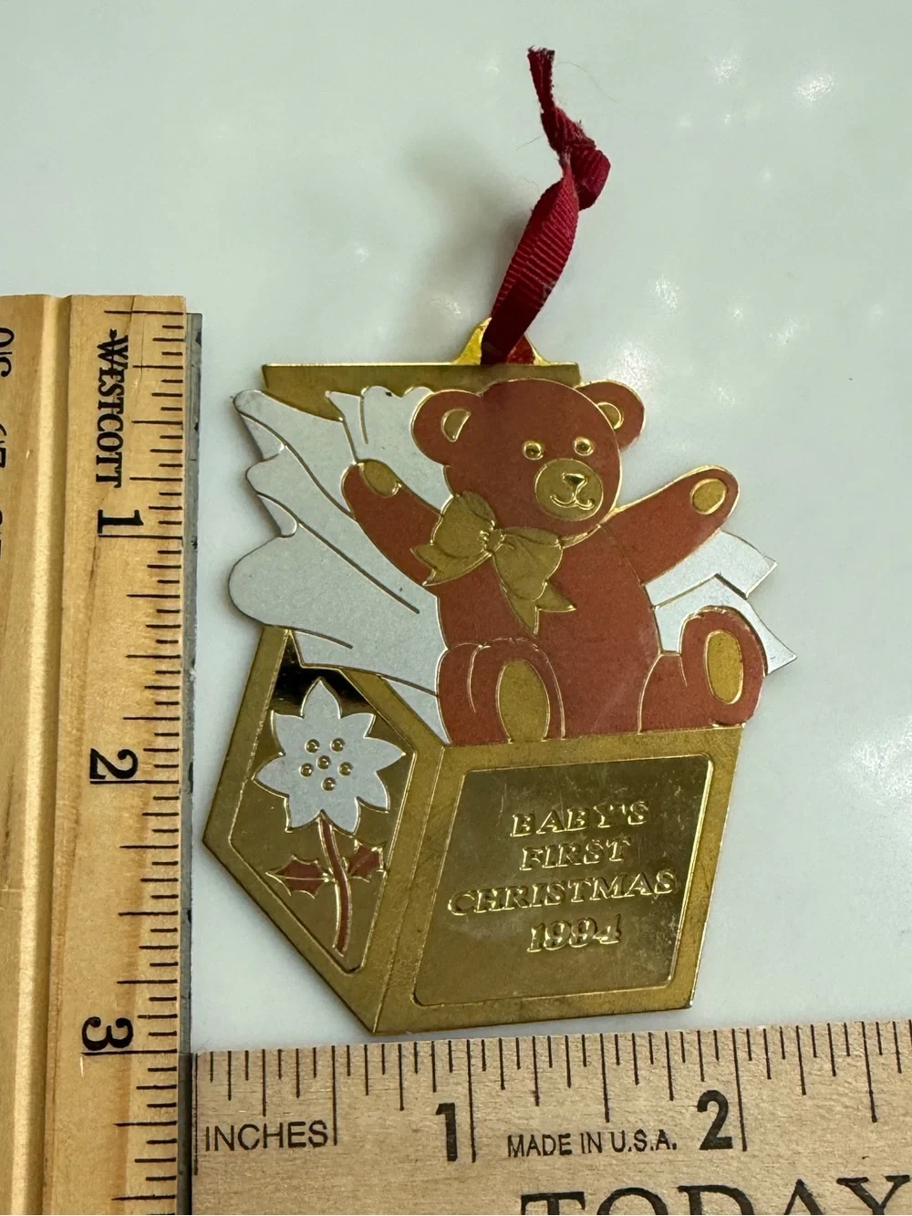 Vintage 1994 Baby First Christmas Bear Present Brass Metal Ornament made in USA